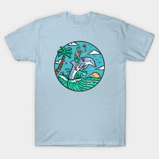 Funny Cartoon Skeleton Riding a Dolphin T-Shirt